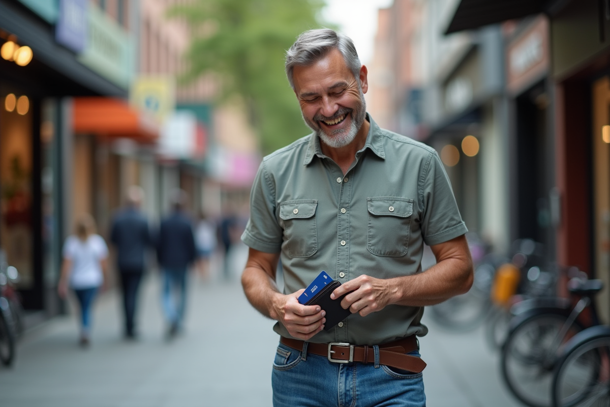 Homme souriant insérant une carte prépayée dans son portefeuille en ville