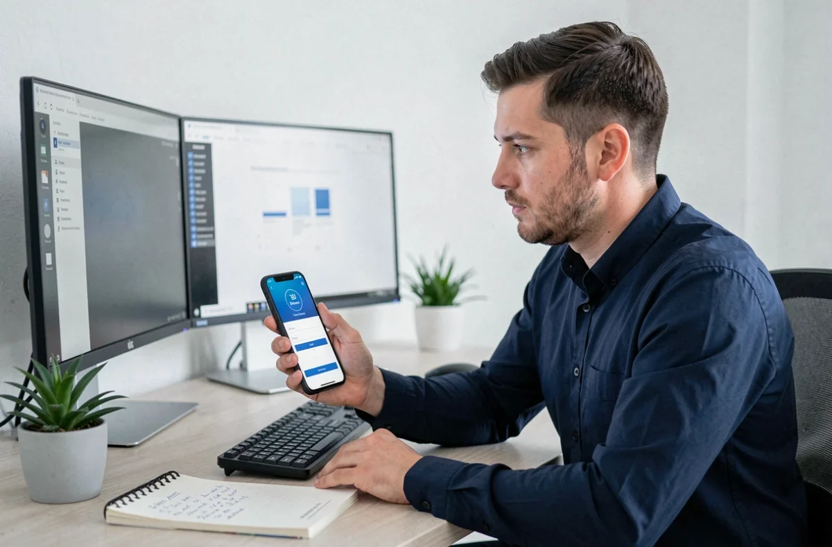 Homme récupérant son identifiant Cyberplus BPVF sur une application bancaire mobile au bureau