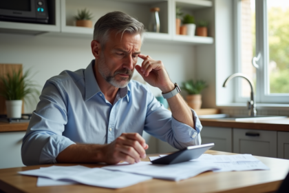 Homme d'âge moyen examinant des documents de retraite dans la cuisine