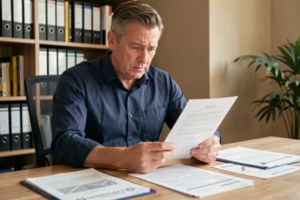 Homme d'affaires examinant un contrat de revente de parts SCPI à son bureau avec des documents financiers
