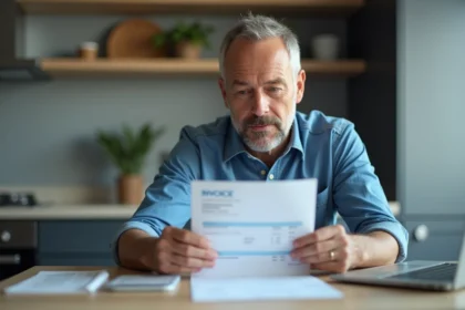 Homme d age examine une facture dans une cuisine moderne