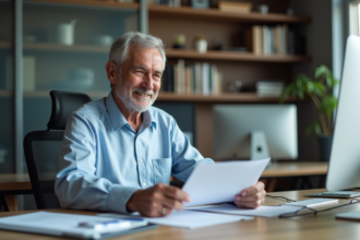 Homme d'âge moyen en bureau moderne au Canada