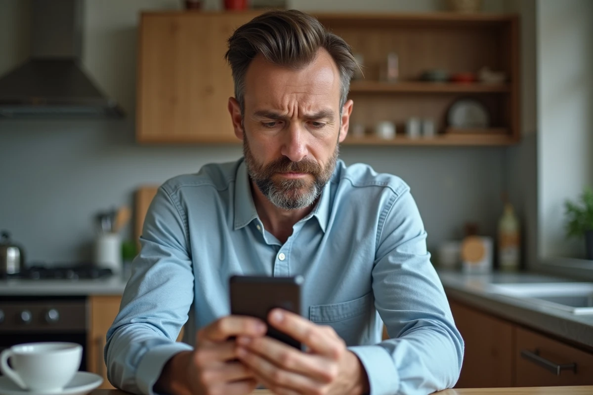 Homme d'âge moyen perplexe avec smartphone et carte bancaire
