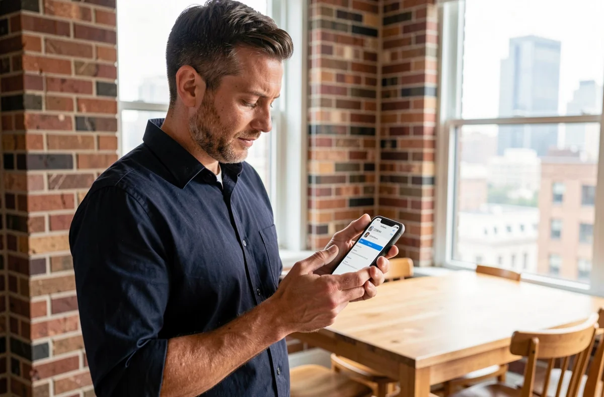 Homme configurant les notifications de son application bancaire mobile Société Générale depuis son appartement