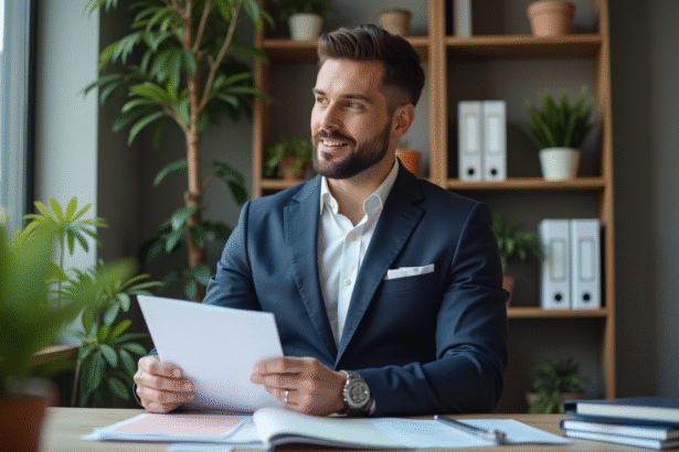 Homme professionnel en costume navy tenant un dossier assurance RC Pro