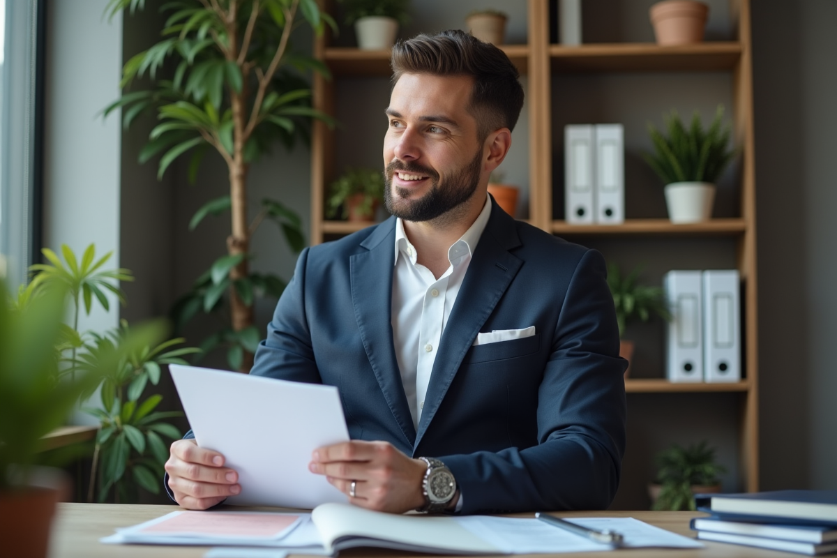 Homme professionnel en costume navy tenant un dossier assurance RC Pro