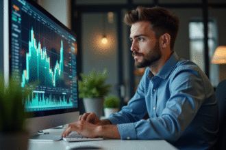 Jeune homme professionnel analysant un graphique digital