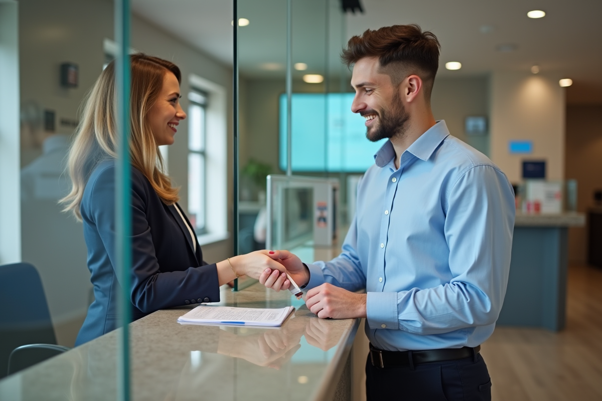 Jeune homme remettant ses papiers à une employée de banque au guichet
