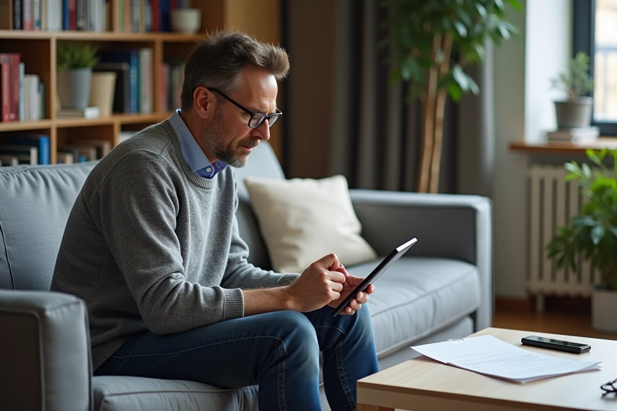 Homme utilisant une tablette pour remplir sa déclaration fiscale