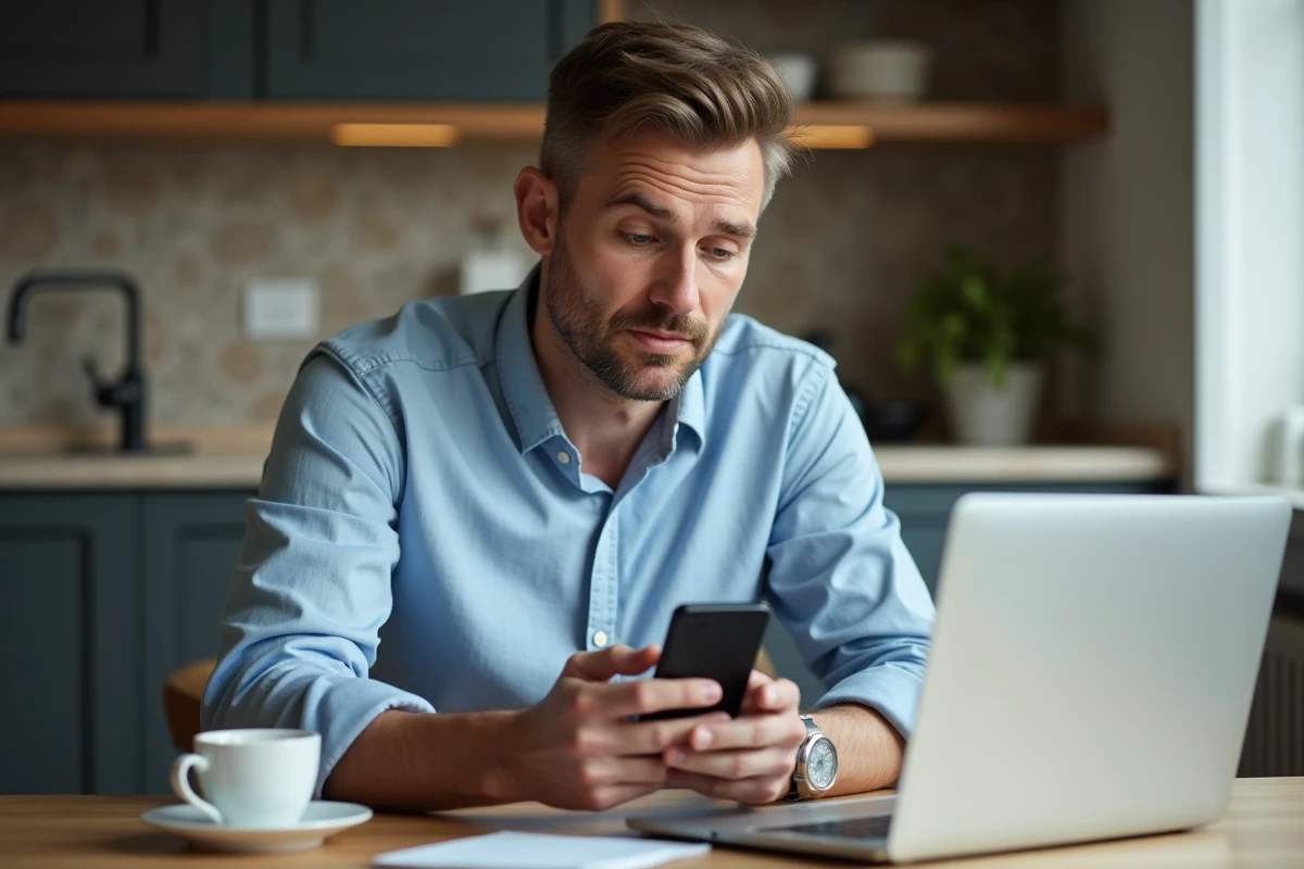 Homme vérifiant un code sur son smartphone dans une cuisine chaleureuse