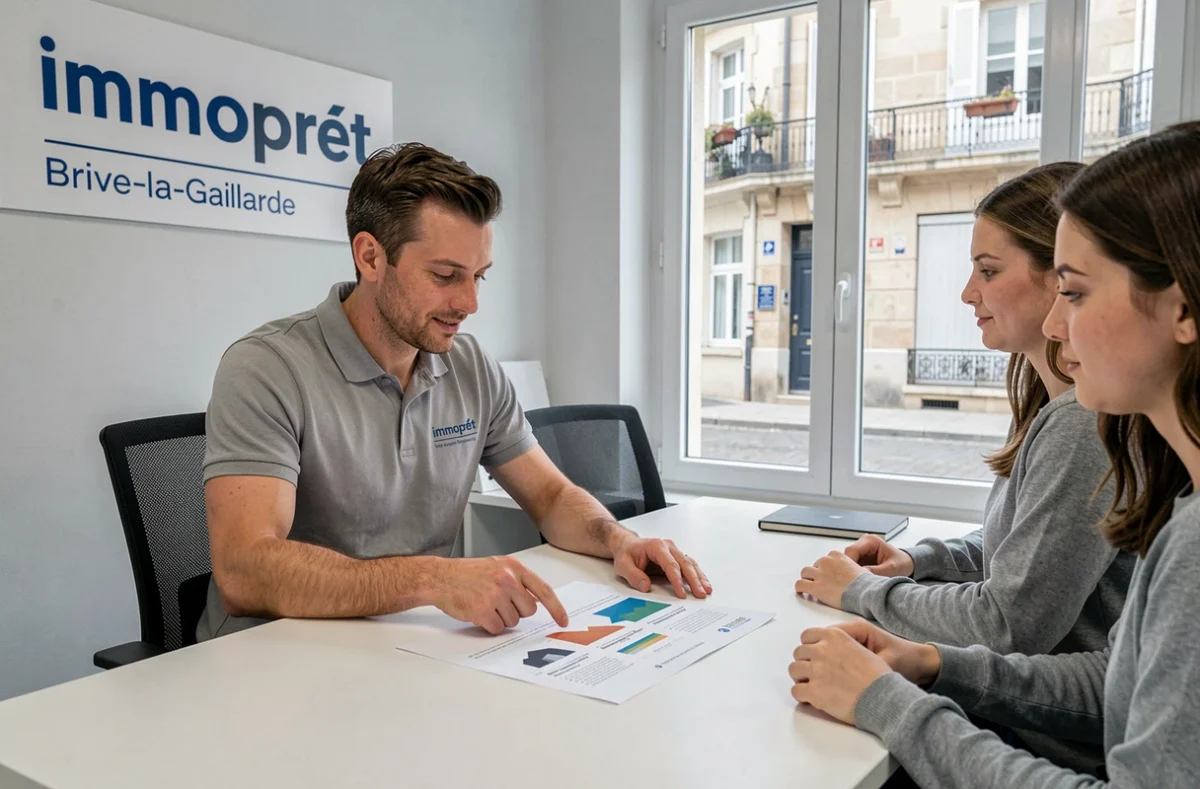 Conseiller Immoprêt à Brive-la-Gaillarde présentant une simulation de crédit immobilier à des clients en Corrèze