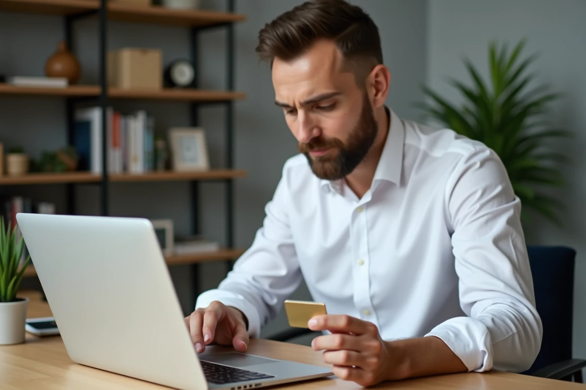 Travailleur indépendant gérant ses finances avec la carte Nickel dans un bureau à domicile