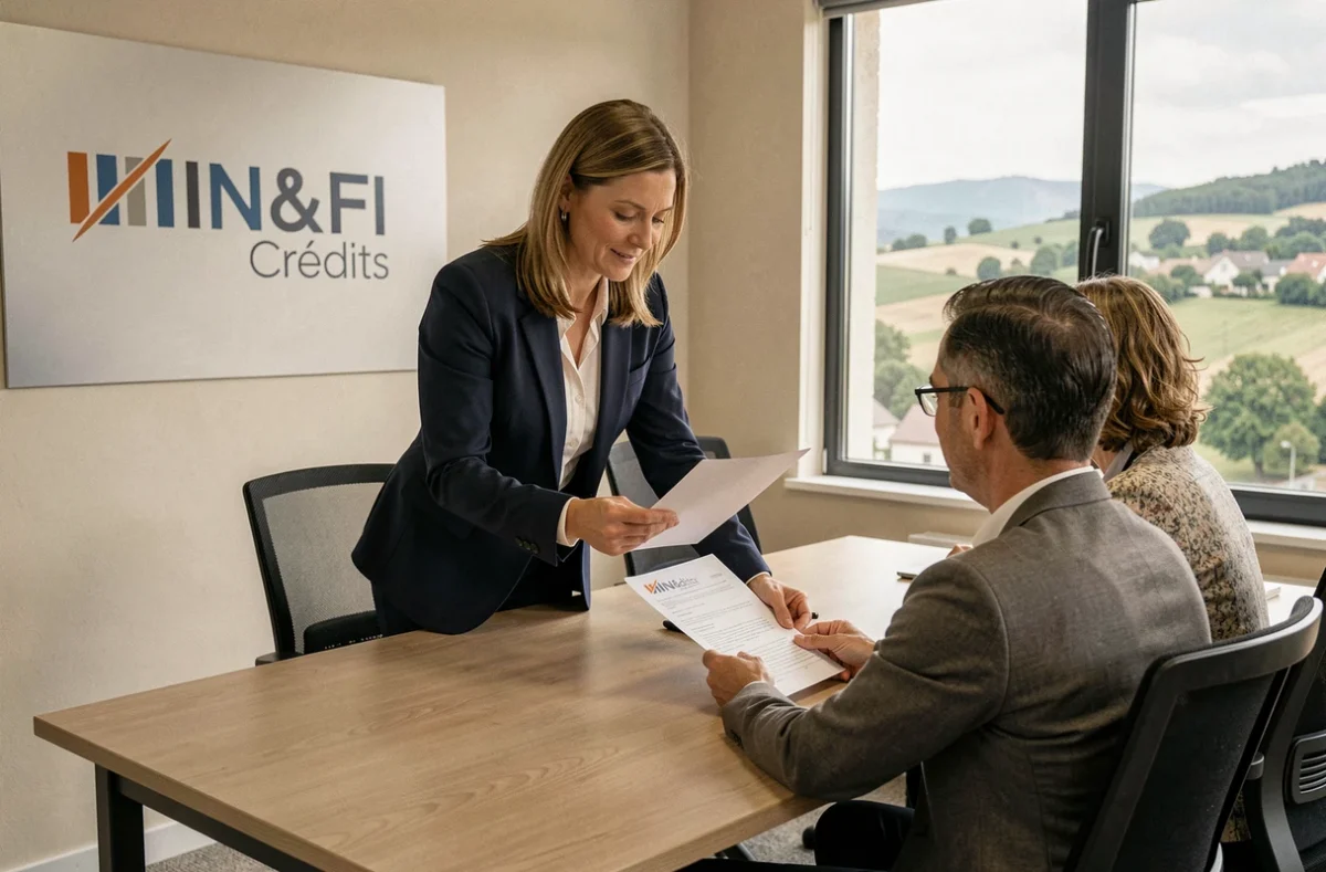 Courtière IN&FI Crédits à Brive-la-Gaillarde analysant un dossier de financement immobilier avec des clients corréziens
