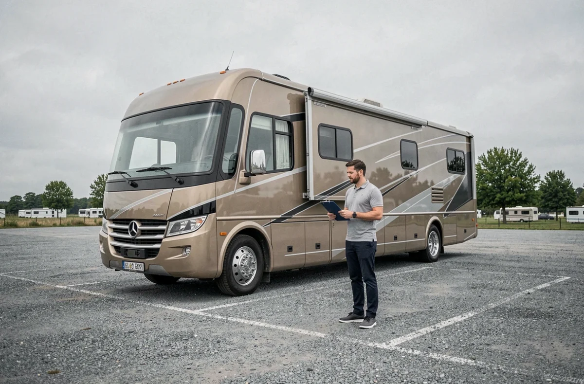 Agent d'assurance inspectant un grand camping-car poids lourd sur un parking de camping