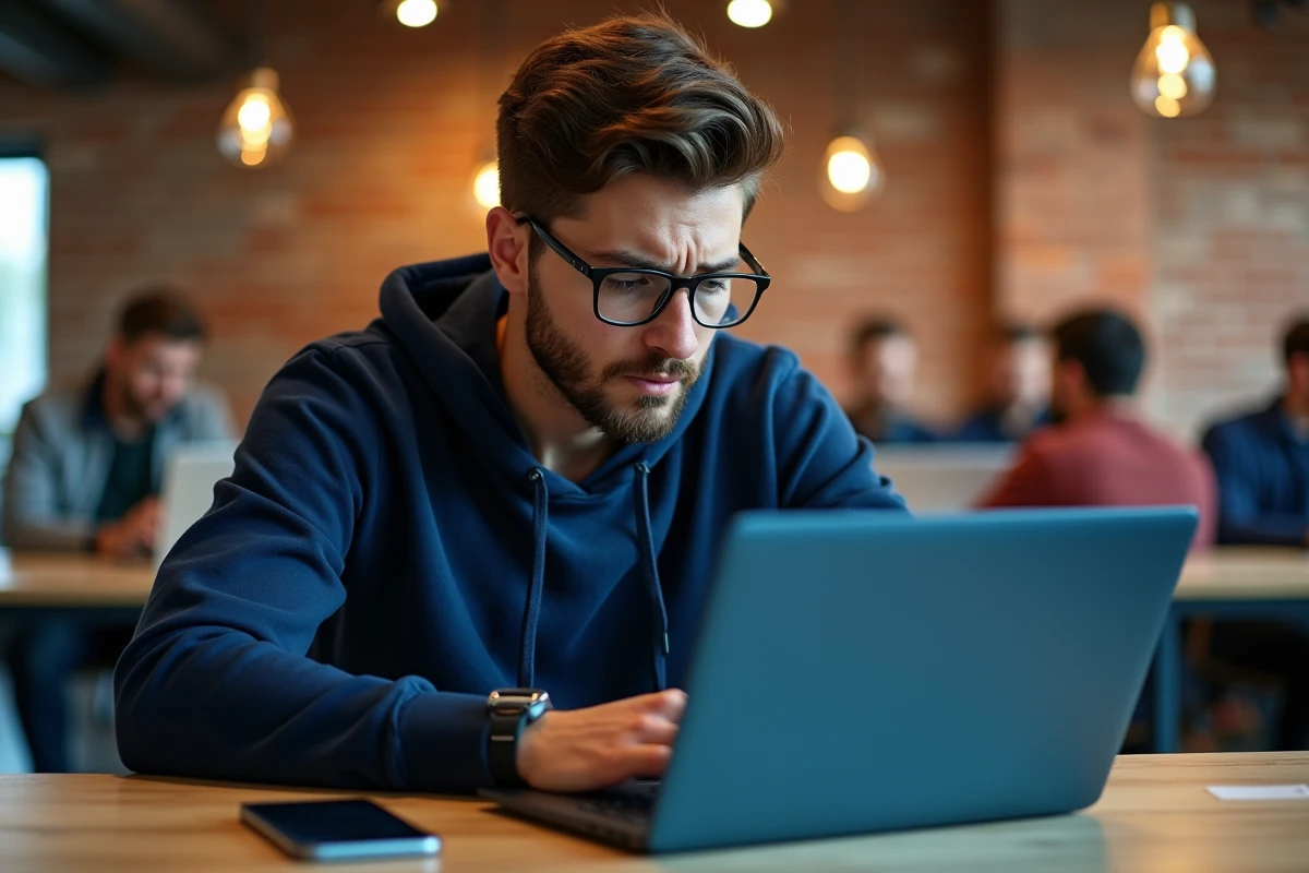 Jeune investisseur frustré par une erreur de timing sur un marché boursier travaillant depuis un espace de coworking