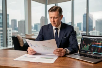 Investisseur professionnel analysant des documents financiers SCPI dans un bureau moderne avec vue sur la ville