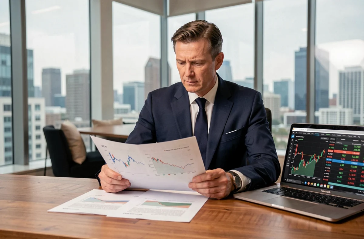 Investisseur professionnel analysant des documents financiers SCPI dans un bureau moderne avec vue sur la ville