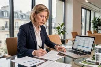 Femme investisseuse analysant des documents fiscaux liés aux SCPI européennes dans un bureau moderne à Paris
