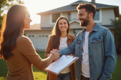Jeune couple et agent immobilier devant maison moderne