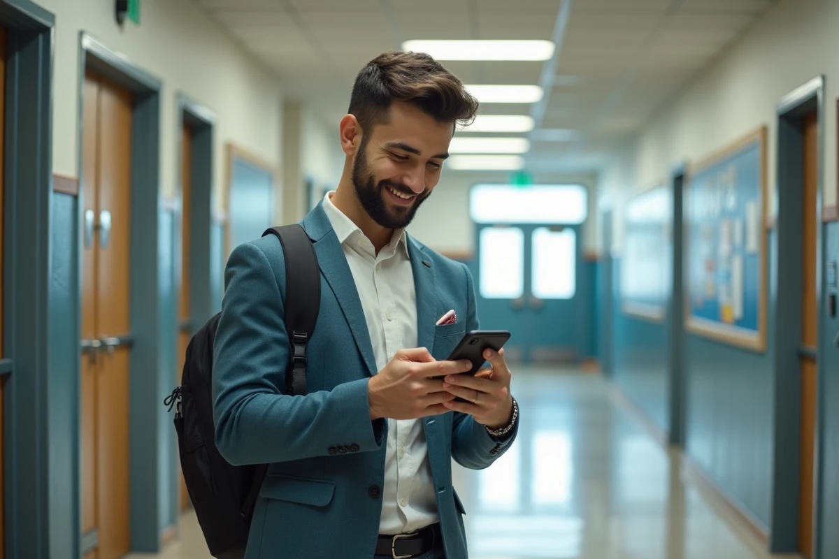 Jeune enseignant souriant vérifie son téléphone dans un couloir scolaire moderne