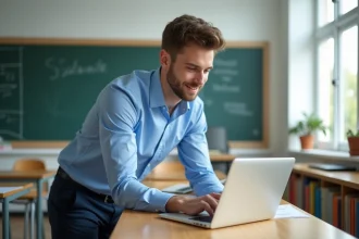 Jeune enseignant regardant une simulation de salaire sur son ordinateur