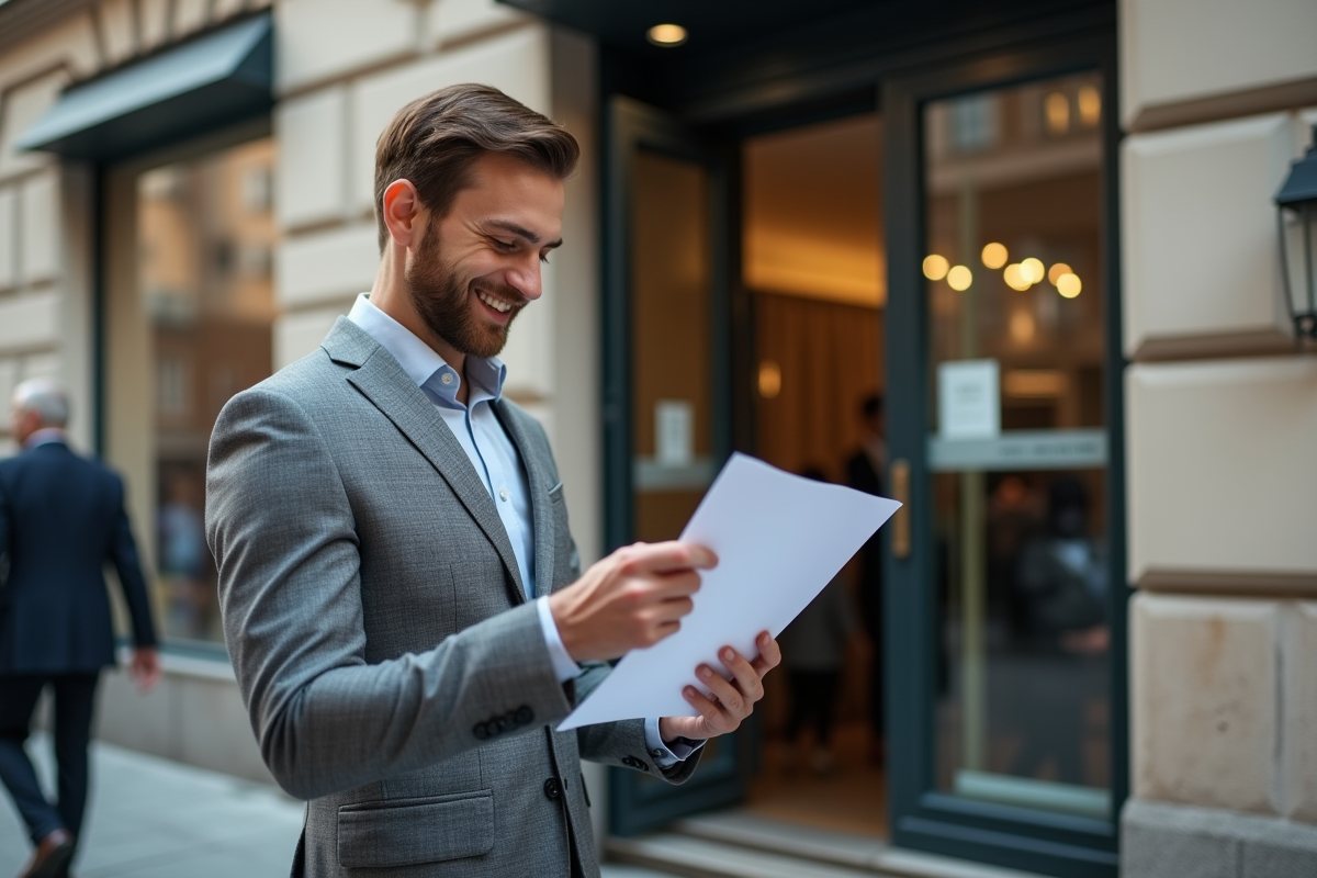 Jeune entrepreneur souriant devant une banque en ville