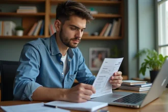 Étudiant étudiant vérifiant un relevé bancaire dans son appartement