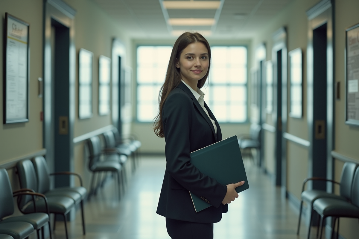 Jeune femme entrant dans un bureau administratif