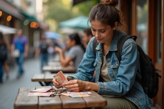 Jeune femme backpacker comptant des pesos argentins dans un café