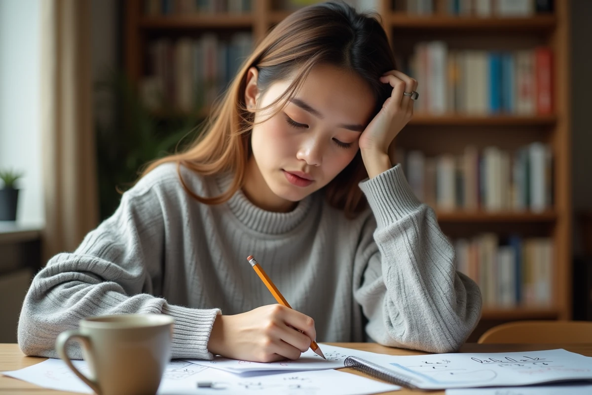 Jeune femme calculant un taux d'évolution dans un cahier à son bureau à domicile, entourée de feuilles avec des formules mathématiques