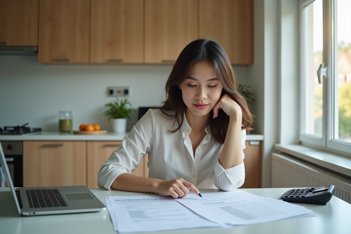 Jeune femme concentrée avec documents de prêt étudiant