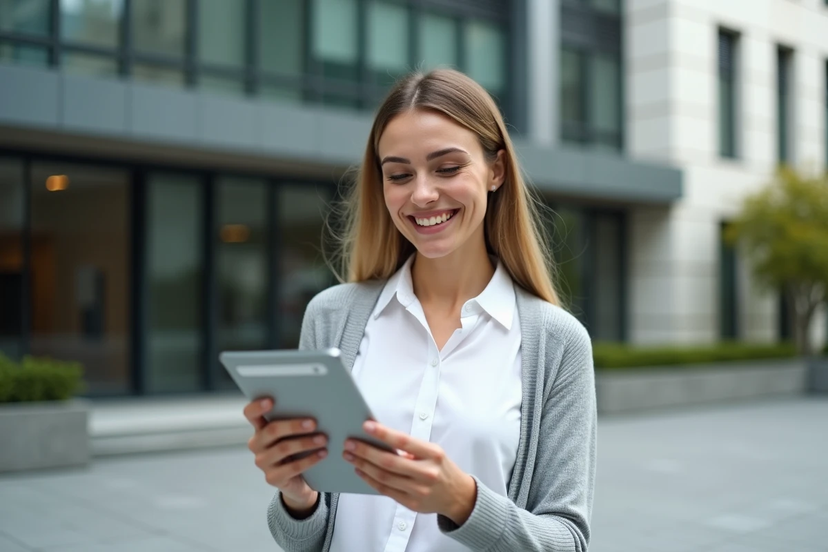 Jeune femme publique utilisant une tablette en extérieur