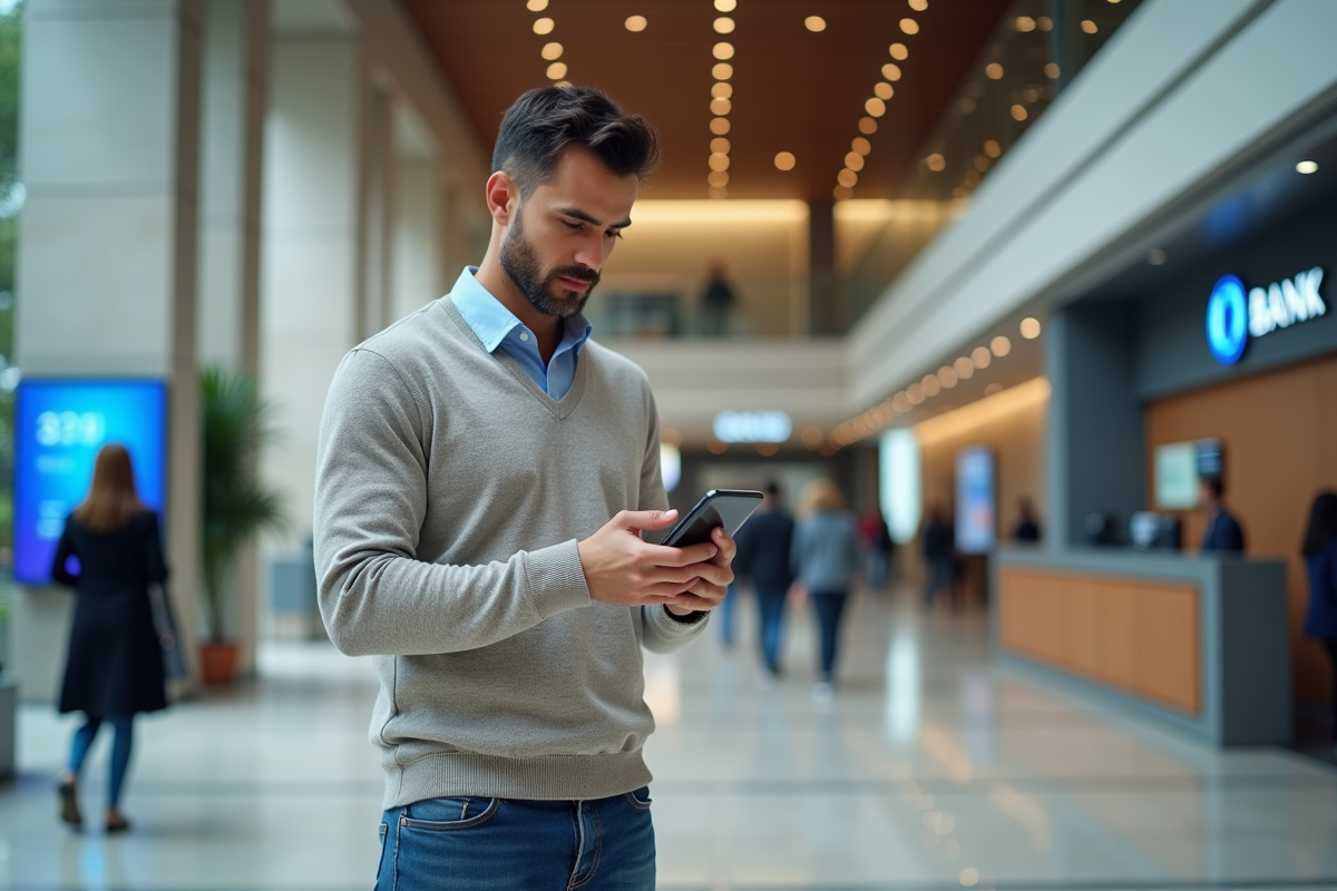 Jeune homme dans une banque regardant son smartphone