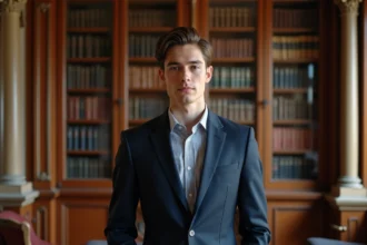 Jeune homme en costume dans une ancienne bibliothèque élégante