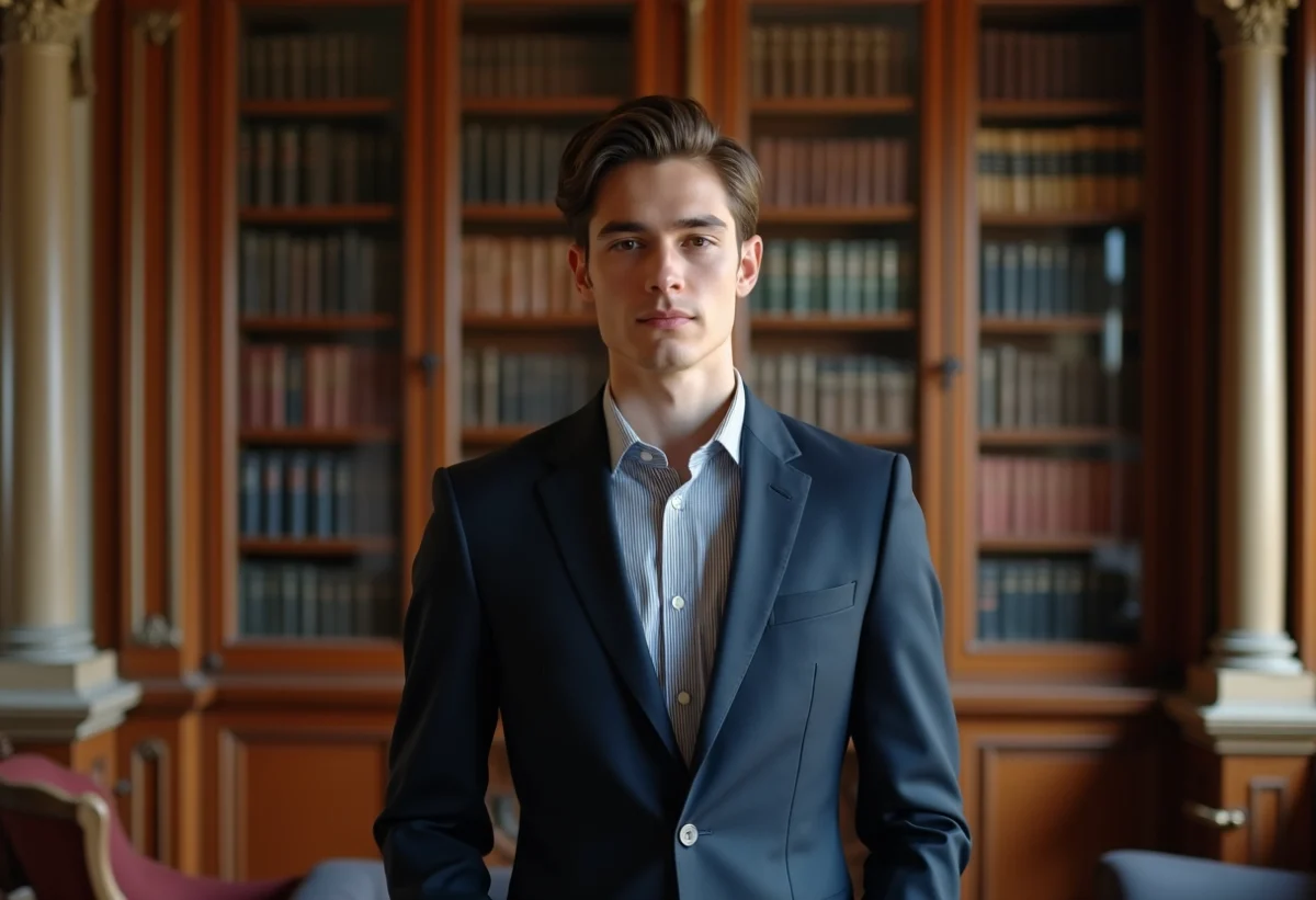 Jeune homme en costume dans une ancienne bibliothèque élégante