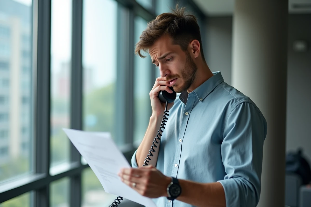 Jeune homme au bureau regardant un document avec souci