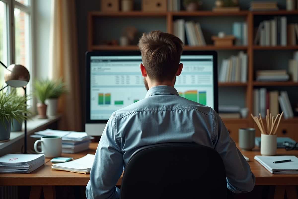 Jeune homme regardant un tableau excel dans son bureau