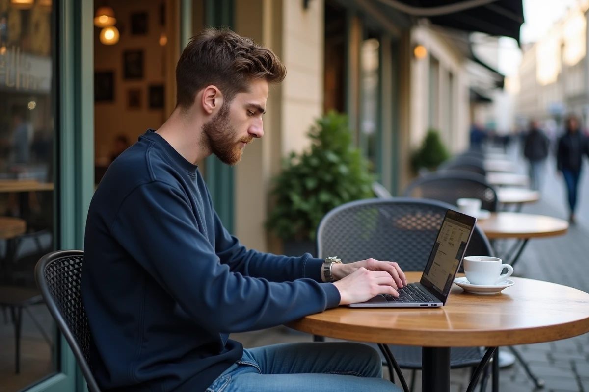 Jeune homme au café vérifiant une transaction financière