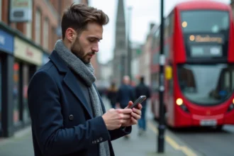 Jeune homme dublin vérifiant son smartphone dans la rue