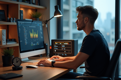 Jeune homme concentré devant un dashboard de minage et Antminer