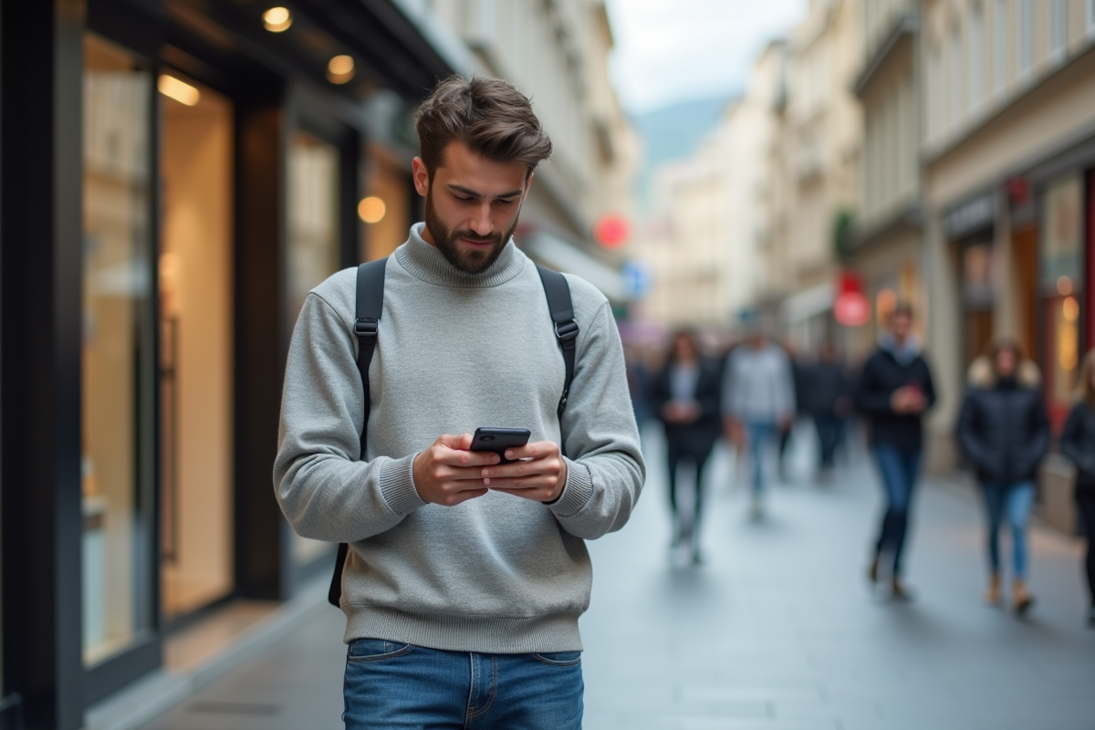 Jeune homme avec carte bancaire dans une rue commerçante