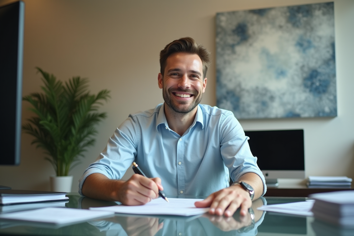 Jeune homme signant un document dans un bureau professionnel