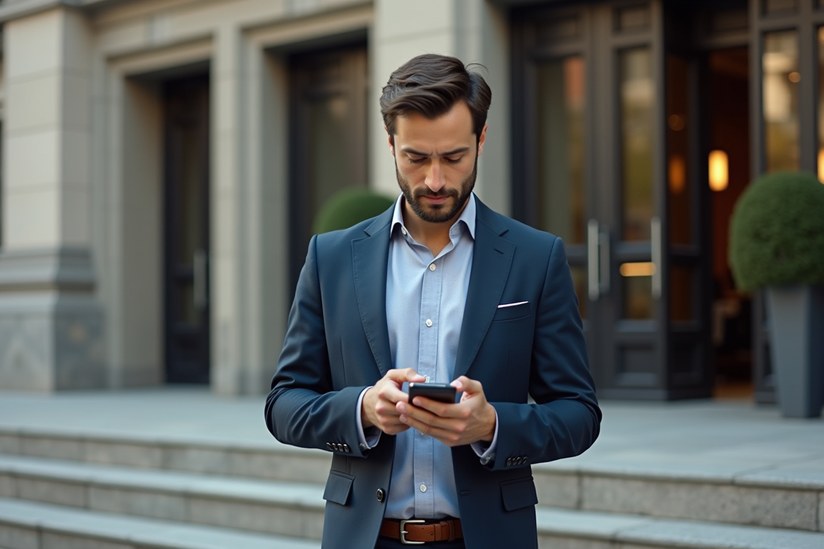 Jeune homme en blazer utilisant son smartphone devant une banque
