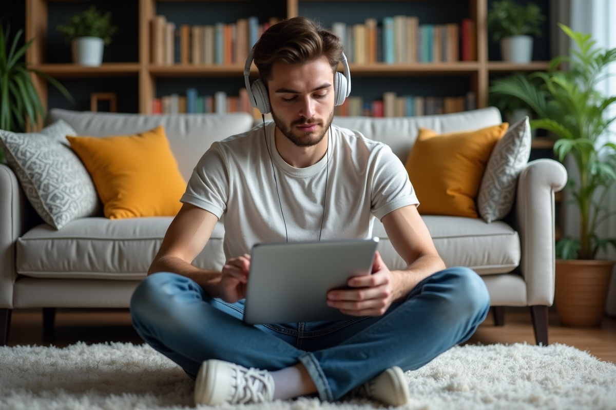 Jeune homme avec tablette dans le salon cosy