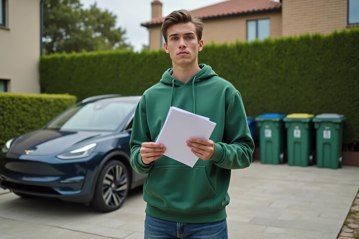 Jeune homme devant sa voiture électrique avec papiers de prêt