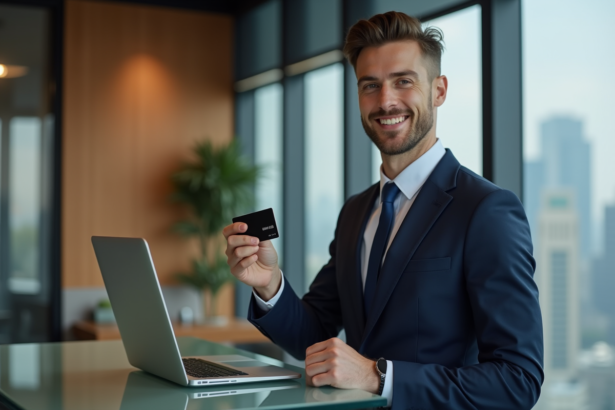 Jeune homme en costume avec carte bancaire dans un bureau moderne