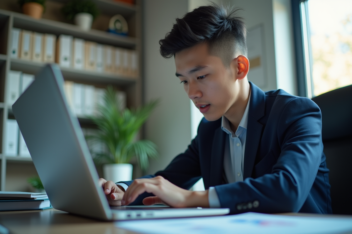 Jeune professionnel examinant son salaire sur un ordinateur