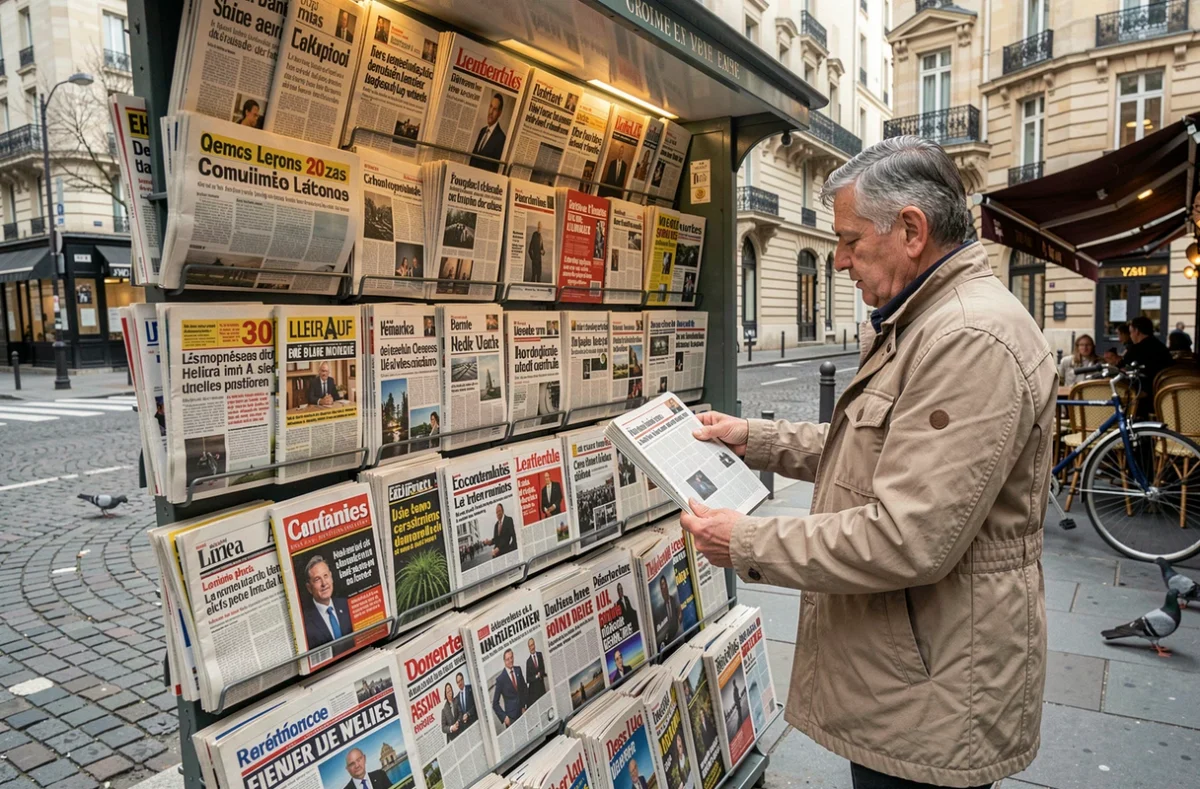 Kiosque à journaux parisien avec vendeur arrangeant des quotidiens économiques au petit matin
