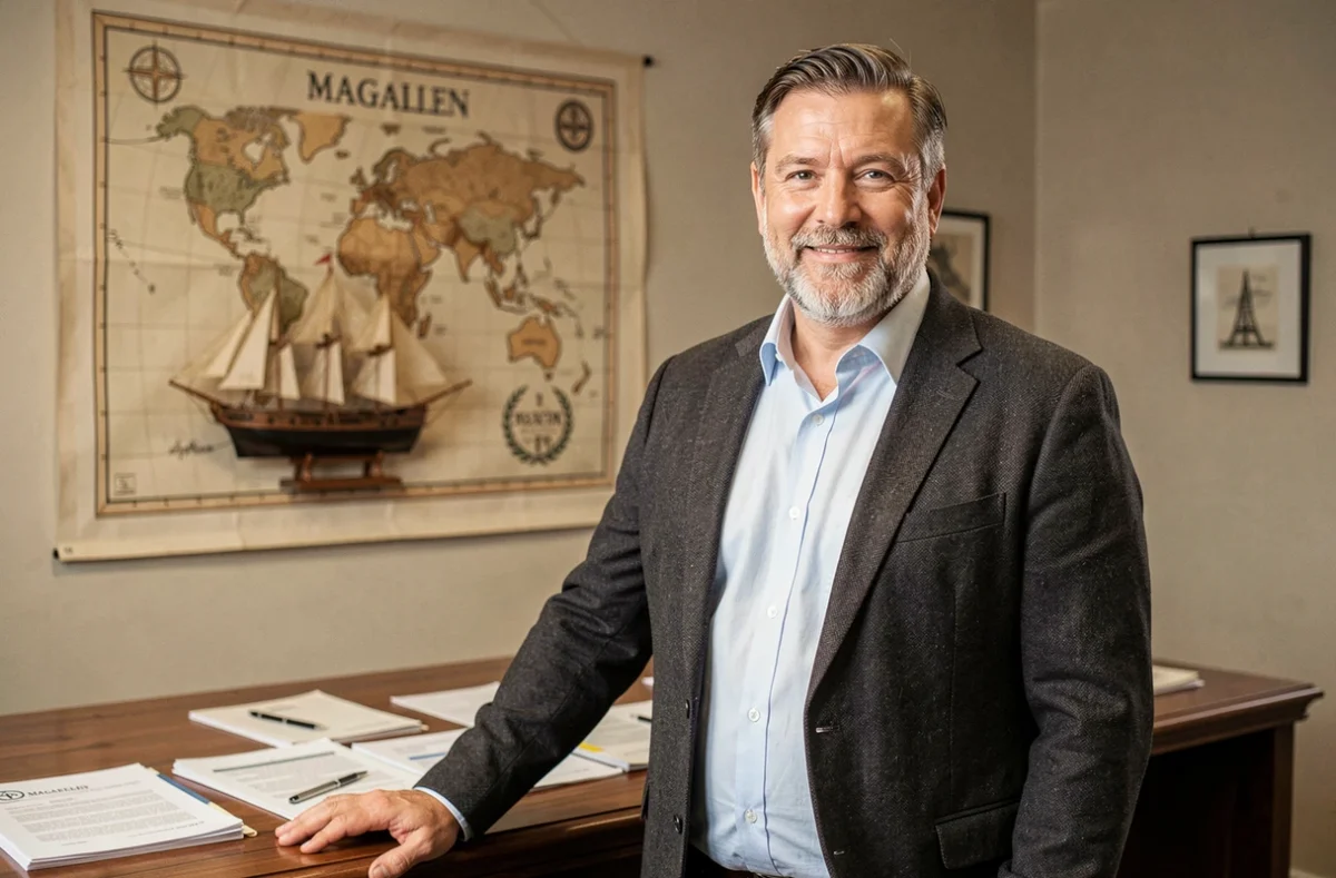 Courtier de Magellan Assurances dans un bureau au décor nautique présentant des solutions d'assurance