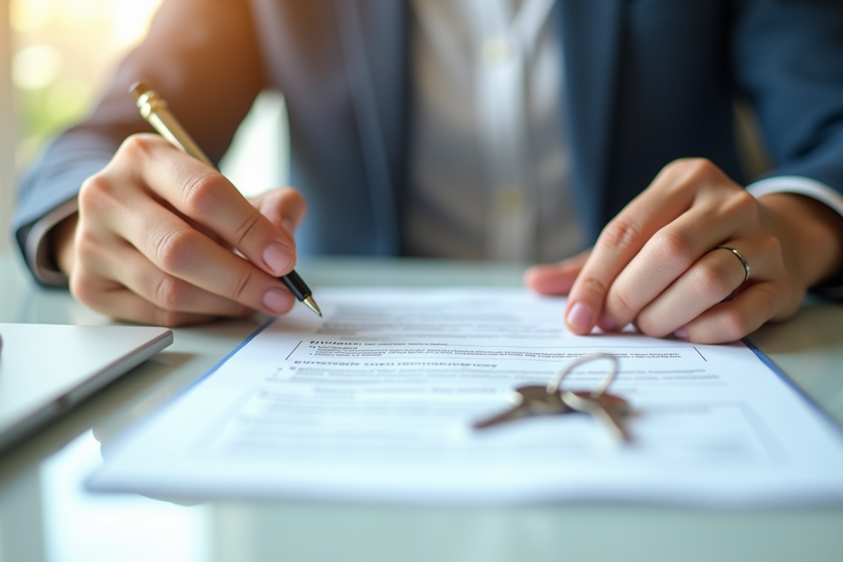 Mains tenant un contrat de mortgage avec une maison miniature et clés